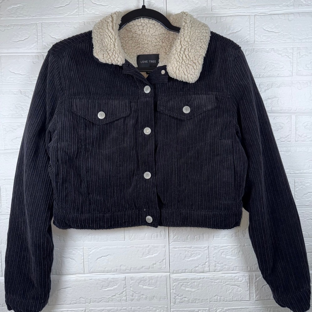 Love Tree Corduroy Jacket Womens Size S Black Sherpa Collar Cropped Button Up